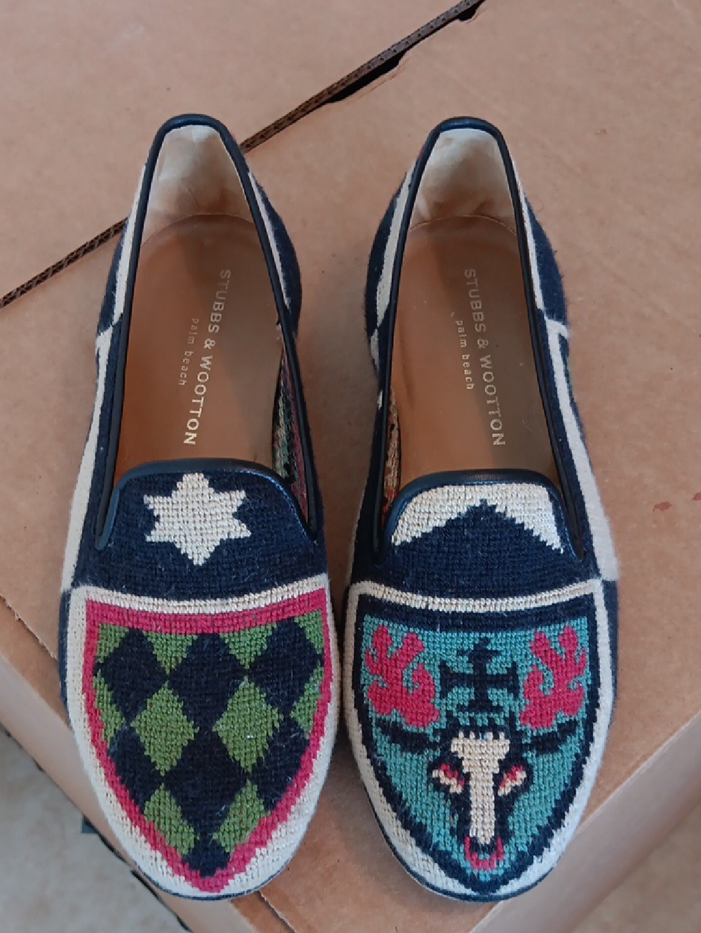 Stubbs & Wootton Navy Multicolor Embroidered Crest Slip-Ons